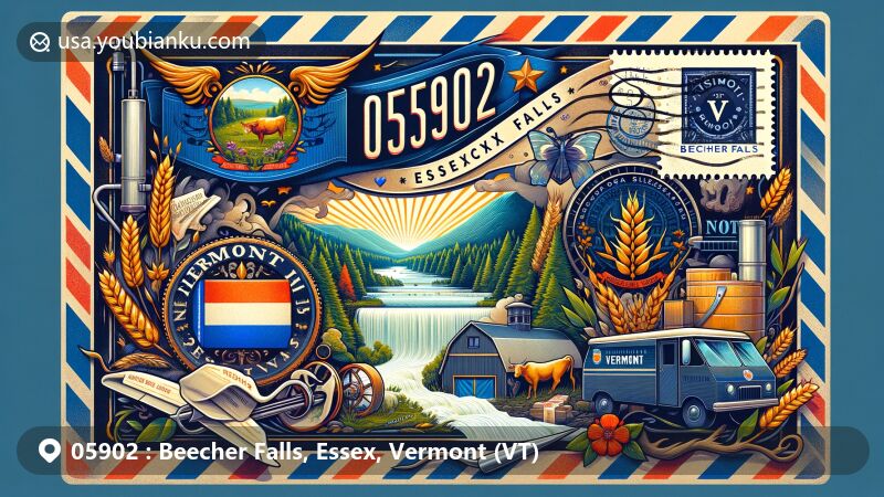 Illustration of Beecher Falls, Essex County, Vermont, showcasing vintage air mail envelope with Vermont state flag, state symbols, and scenic Connecticut River, featuring ZIP code 05902 and traditional postal elements.