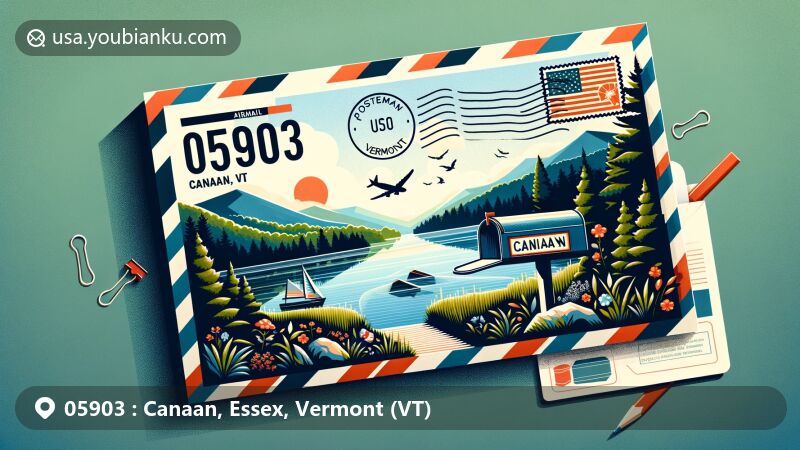 Vibrant illustration of Canaan, Essex County, Vermont, showcasing postal theme with ZIP code 05903, featuring natural scenery and iconic postal elements like vintage stamp and American mailbox.