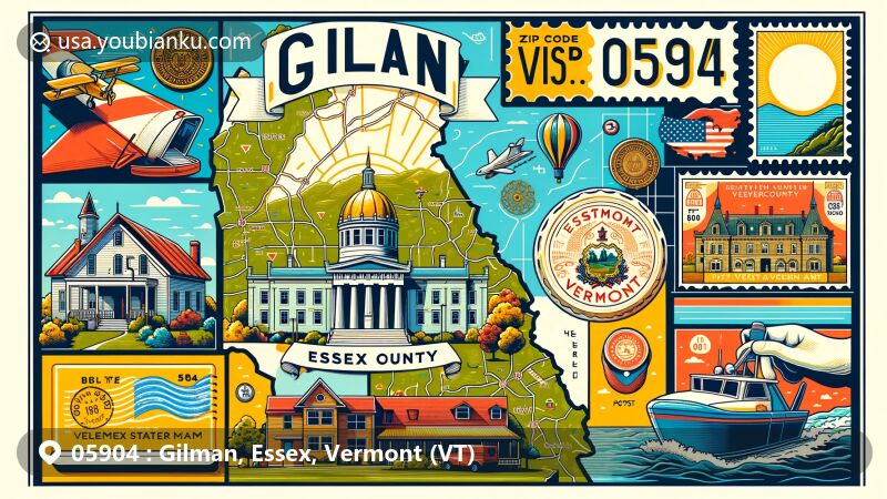Illustration of Gilman, Essex County, Vermont, showcasing ZIP Code 05904, featuring Vermont Statehouse with gold leaf dome, vintage postal elements, and artistic map outline, in a postcard style design.