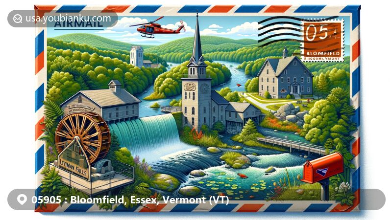Modern illustration of Bloomfield area in Vermont, featuring Lyman Falls State Park, Champlain Mill, Old Round Church, and postal elements on a colorful airmail envelope backdrop.
