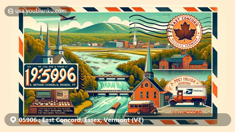 Modern illustration of East Concord, Essex, Vermont, representing Moose River, first normal school, rural landscape, and maple sugaring, combined with postal elements like vintage stamp, postmark, and postal truck.