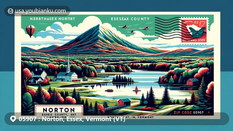 Modern illustration of Norton, Essex County, Vermont, featuring Brousseau Mountain, Norton Pond, and the Norton-Stanhope Border Crossing, with postal elements like a stamp, postmark, and the ZIP Code 05907.