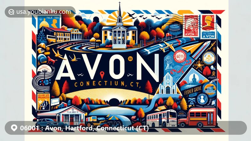 Modern illustration of Avon, Connecticut, showcasing ZIP code 06001 and local arts scene, featuring theaters, music concerts, art galleries, and festivals.
