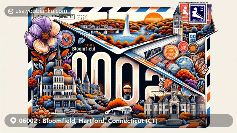 Modern illustration of Bloomfield, Hartford, Connecticut, showcasing ZIP code 06002 with iconic landmarks like Metacomet Trail, Talcott Mountain, Heublein Tower, and Balbrae mansion.