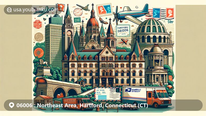 Modern illustration of Hartford, Connecticut, featuring iconic landmarks and postal elements like postcards, stamps, and ZIP Code 06006.