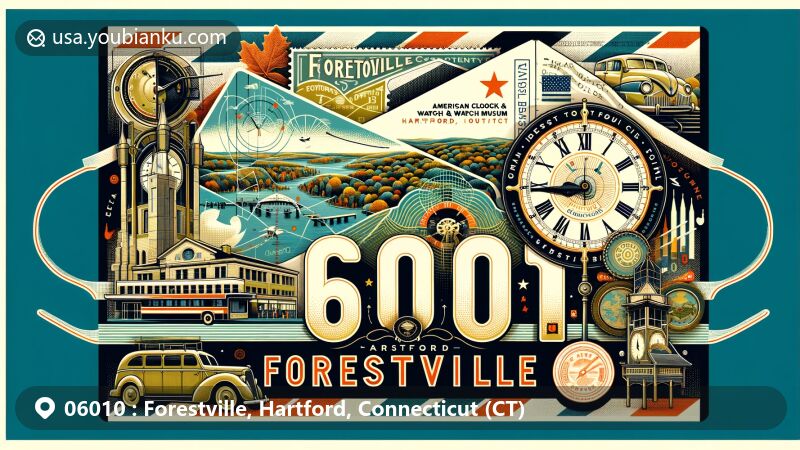 Modern illustration of Forestville, Hartford, Connecticut, featuring a vintage airmail envelope with ZIP Code 06010, showcasing local landmarks like the American Clock & Watch Museum, Forestville Station, and Lake Compounce.