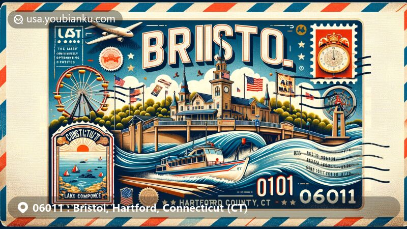 Modern illustration of Bristol, Hartford, Connecticut, capturing the essence of ZIP code 06011, featuring Lake Compounce, a historic theme park, surrounded by postal elements and the Connecticut state flag.