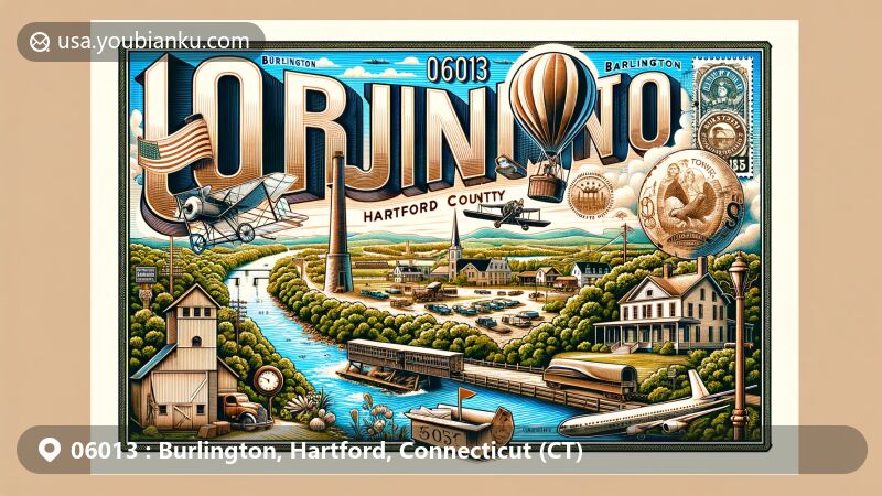 Modern illustration of Burlington, Hartford County, Connecticut, capturing the essence of ZIP code 06013 with historic Elton Tavern, early American balloonist Silas Brooks, Farmington River scenery, and vintage manufactories, complemented by Connecticut state symbols.