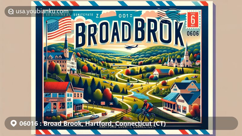 Modern illustration of Broad Brook, Hartford County, Connecticut, showcasing tranquil countryside landscape with hiking trails, biking paths, and skiing areas, featuring vibrant small town atmosphere and state symbols.