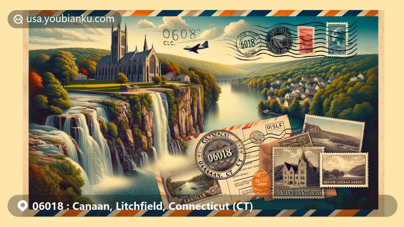 Modern illustration of Canaan, Litchfield County, Connecticut, displaying postal theme with ZIP code 06018, featuring Housatonic River, Great Falls, and a Gothic Revival chapel, along with airmail elements and vintage stamps.