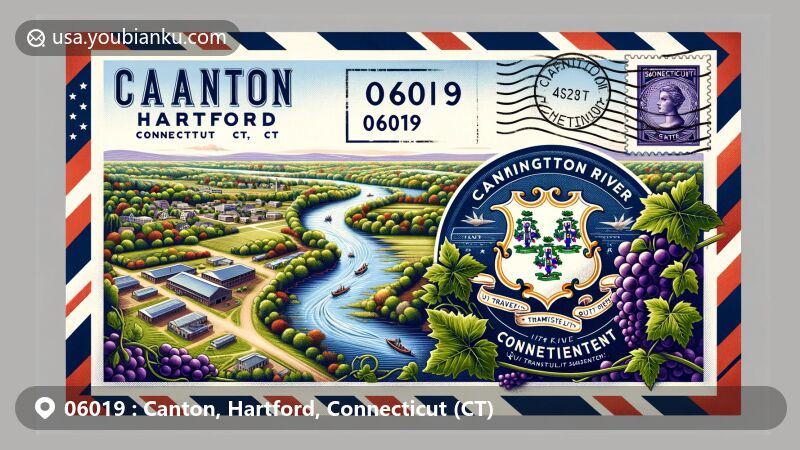 Modern illustration of Canton, Hartford County, Connecticut, showcasing vintage airmail envelope with detailed depiction of Farmington River Trail and Connecticut state flag.