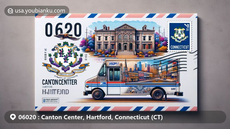 Modern illustration of Canton Center, Hartford, Connecticut, showcasing historic district with state flag and NGDV mail truck, featuring Hartford skyline and postal theme with ZIP code 06020.
