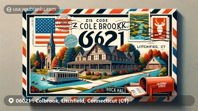 Modern illustration of Colebrook, Litchfield, Connecticut, featuring iconic landmarks like Colebrook General Store and Rock Hall, along with scenic landscapes and Algonquin State Forest.