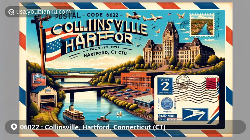 Vintage-style illustration of Collinsville, Hartford, Connecticut, highlighting scenic Farmington River, historic Collins Company Office building, postal stamp with Connecticut state flag, and iconic postal imagery.