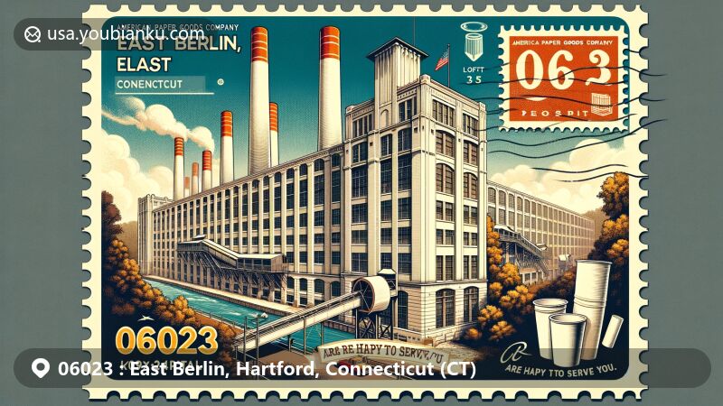 Modern illustration of East Berlin, Connecticut, showcasing postal theme with ZIP code 06023, featuring historic industrial building of American Paper Goods Company transformed into Lofts at Sherwood Falls, iconic paper cups, postal stamp, and postmark.