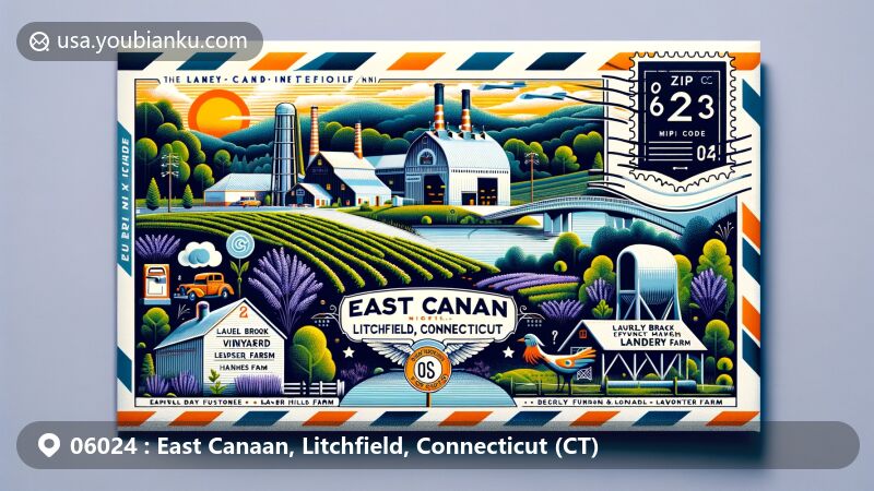 Modern illustration of East Canaan, Litchfield, Connecticut, showcasing iconic landmarks like Land of Nod Vineyard and Winery, Beckley Furnace Industrial Monument, and local farms, incorporating postal theme with ZIP code 06024, in an air mail envelope design.