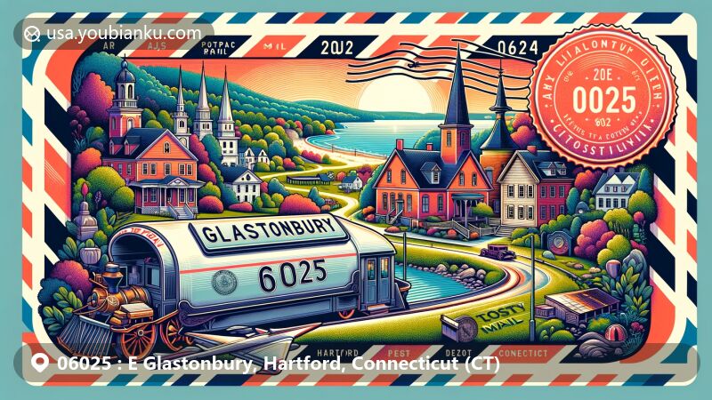 Modern illustration of E Glastonbury, Hartford, Connecticut, showcasing historic architecture, scenic beauty along Connecticut River, and landmarks like Kimberly Mansion, all integrated into a postal theme with ZIP code 06025.