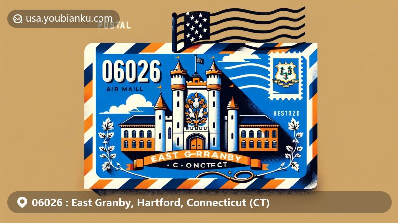 Modern illustration of East Granby, Hartford County, Connecticut, showcasing postal theme with ZIP code 06026, featuring Old New-Gate Prison, Connecticut state flag, and Mark Twain House silhouette.