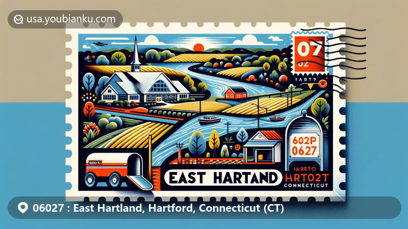 Modern illustration of East Hartland, Hartford County, Connecticut, featuring Farmington River, Barkhamsted Reservoir, and agricultural landscapes, highlighting postal theme with ZIP code 06027.