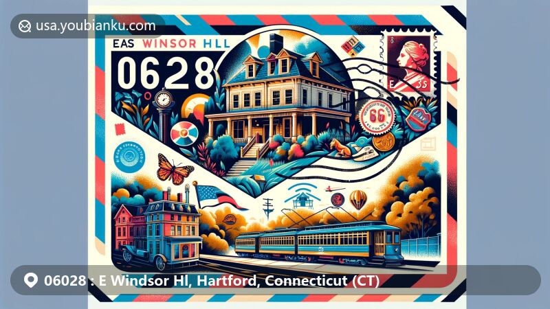 Modern illustration of E Windsor Hl, Hartford County, Connecticut, featuring airmail envelope design with ZIP code 06028, showcasing diverse architectural styles and vintage trolley cars from Connecticut Trolley Museum.