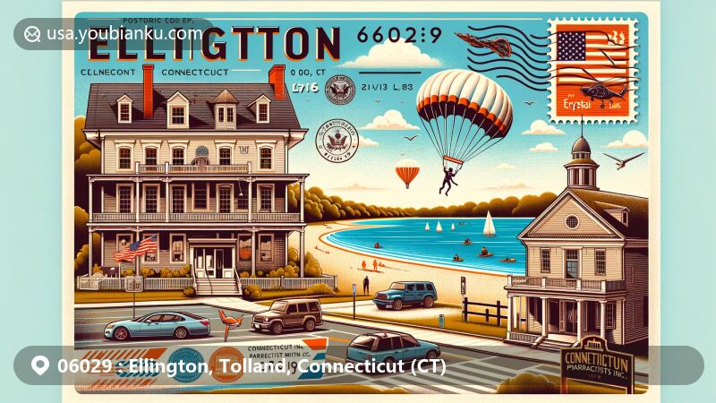 Modern illustration of Ellington, Connecticut, showcasing postal theme with ZIP code 06029, featuring Ellington Center Historic District, Nellie McKnight Museum, picturesque Crystal Lake, and adventurous spirit of Connecticut Parachutists Inc.
