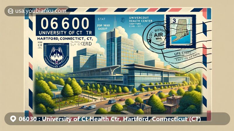 Modern illustration showcasing University of Ct Health Ctr in Hartford, Connecticut, with vibrant cityscape, CT state flag, postal theme, and ZIP code 06030, blending education, healthcare, urban life, and state pride.