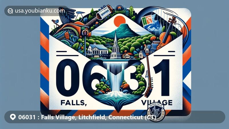 Modern illustration of Falls Village, Connecticut, showcasing postal theme with ZIP code 06031, featuring Music Mountain and lush greenery, incorporating Connecticut state symbols.