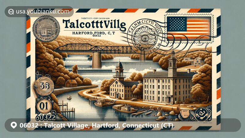 Modern illustration of Talcott Village, Hartford, Connecticut, featuring vintage airmail envelope with historical district, Greek Revival and Italianate architecture, Tankerhoosen River scenery, and Connecticut state symbols.