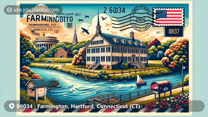 Modern illustration of Farmington, Hartford County, Connecticut, featuring historical colonial-style building, picturesque Farmington River, iconic Hartford landmarks, and Connecticut state flag, in a vibrant contemporary style with elements of vintage airmail envelope.
