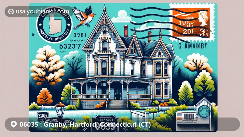 Modern illustration of Granby, Hartford County, Connecticut, showcasing Italianate house at 261 Salmon Brook Street, with white oak tree, American robin, and postal theme with ZIP code 06035.