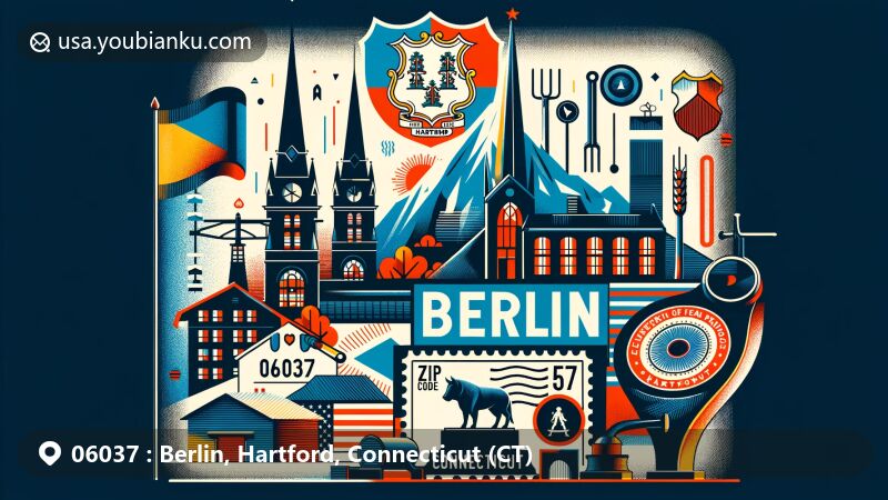 Modern illustration of Berlin, Hartford, Connecticut, featuring Connecticut state flag and emblem, Lamentation Mountain's silhouette, postal elements with ZIP code 06037, and historical references to tinware and blacksmith tools.