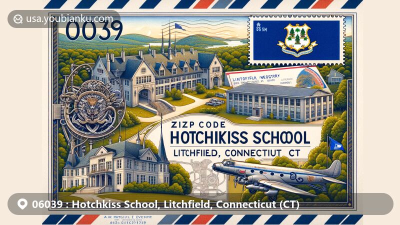 Modern illustration of Hotchkiss School, Litchfield County, Connecticut, featuring a creative airmail envelope design with postal theme elements, showcasing school architecture against lush greenery and county landmarks.