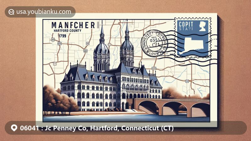 Modern illustration of airmail postcard featuring Connecticut State Capitol and Harriet Beecher Stowe Center, with Manchester map outline representing ZIP Code 06041, adorned with stamp, postmark, and prominent 06041 ZIP Code.