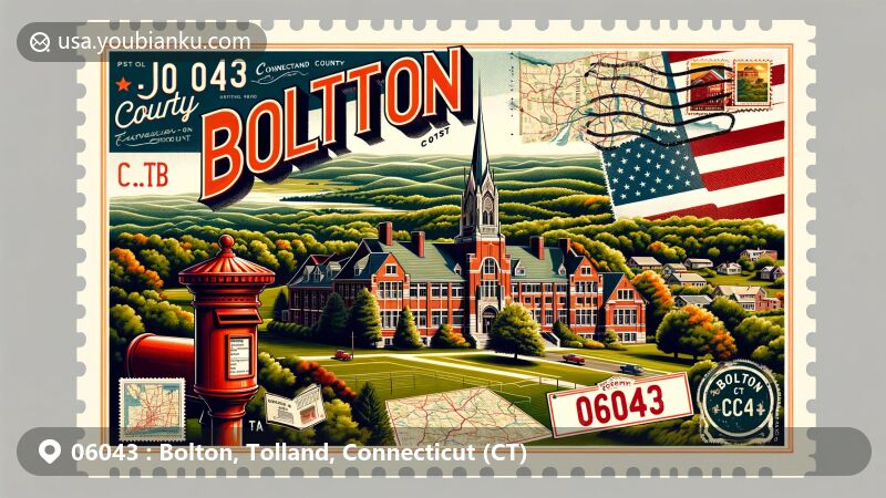 Modern illustration of Bolton, Tolland County, Connecticut, featuring vintage postcard theme with Bolton High School, lush greenery, rolling hills, Connecticut state flag stamp, 'Bolton, CT 06043' postal mark, red mailbox, and Tolland County map outline.