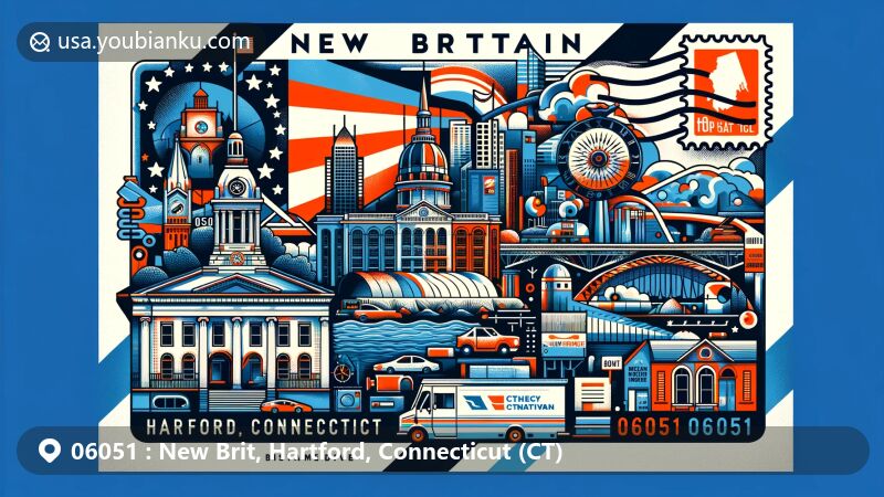 Modern illustration of New Britain, Hartford County, Connecticut, showcasing postal theme with ZIP code 06051, featuring state flag, New Britain Museum, and industrial heritage, merged with postal elements like stamps and postmarks.