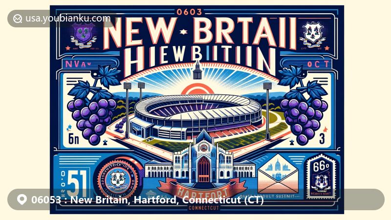 Modern illustration of New Britain, Hartford, Connecticut, emphasizing New Britain Stadium and Hartford elements, with Connecticut state flag background, featuring postal stamp and mail envelope, in a vibrant and colorful style.