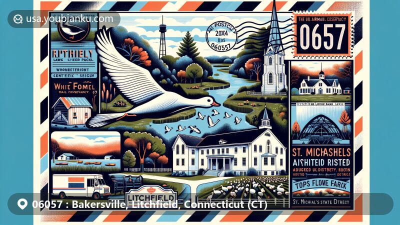 Modern illustration of Bakersville, Litchfield, Connecticut (CT), capturing iconic landmarks and postal elements with ZIP code 06057, blending artistic creativity with postal theme.