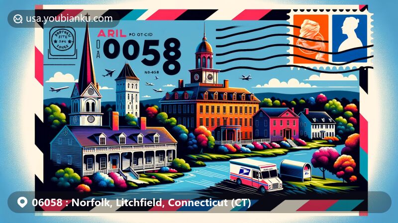 Modern illustration of Norfolk, Connecticut, showcasing airmail envelope with ZIP code 06058, featuring Norfolk Historic District, Blackberry River Inn, and Haystack Mountain Tower.