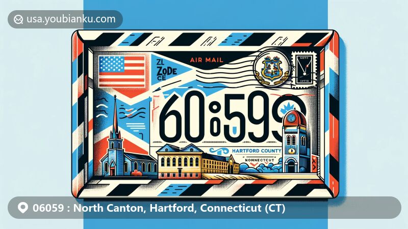 Modern illustration of North Canton, Hartford County, Connecticut, with postal theme showcasing ZIP code 06059, featuring Connecticut state flag and iconic landmarks.