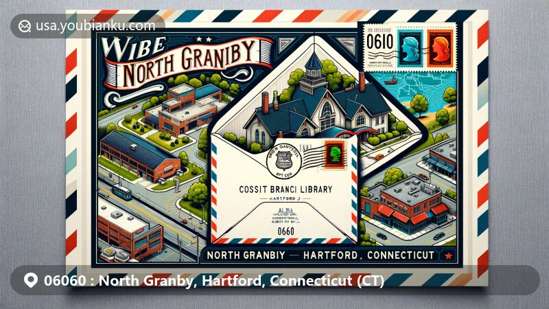Modern illustration of North Granby, Hartford County, Connecticut, featuring Cossitt Branch Library, Allen Cider Mill, and Connecticut state flag, set against Hartford County map. Vintage airmail envelope with '06060' stamp and artistic postal horn.