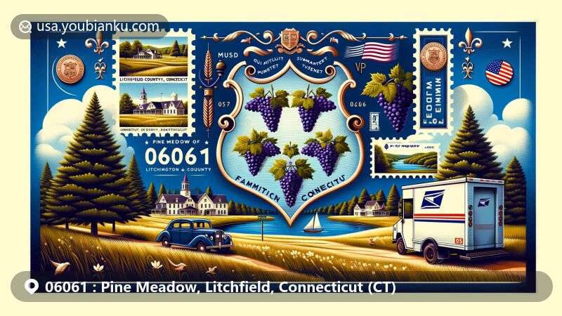 Modern illustration of Pine Meadow, Litchfield County, Connecticut, featuring historic charm of 19th-century village, Farmington River, and Connecticut state flag with postal elements like vintage airmail envelope and postage stamps.