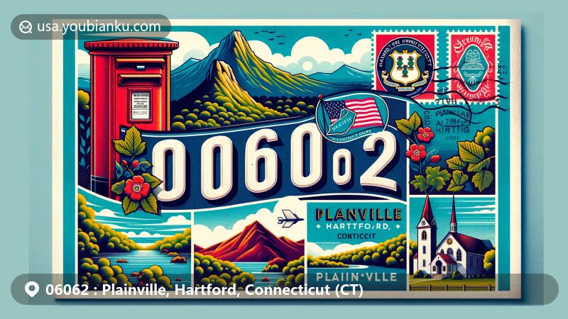 Wide postcard-style illustration of Plainville, Hartford, Connecticut, featuring prominent ZIP code 06062, Pinnacle Rock, Bradley Mountain, and Connecticut state symbols.