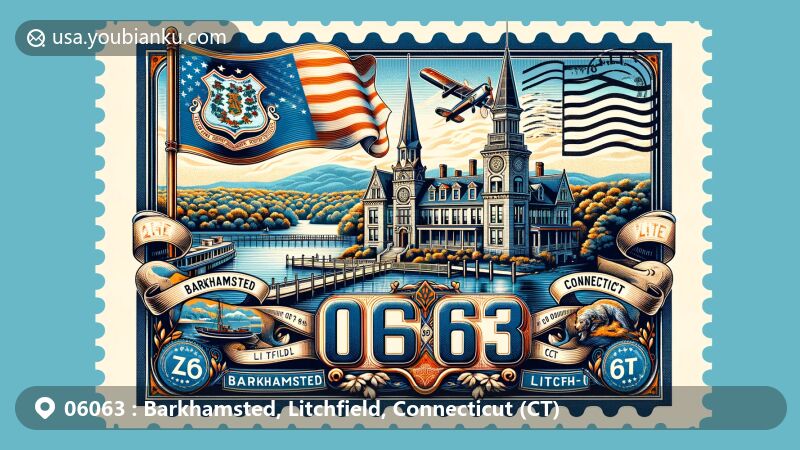 Modern illustration of Barkhamsted, Litchfield County, Connecticut, showcasing postal theme with ZIP code 06063, featuring Lake McDonough, Rock Hall, and Connecticut state symbols.