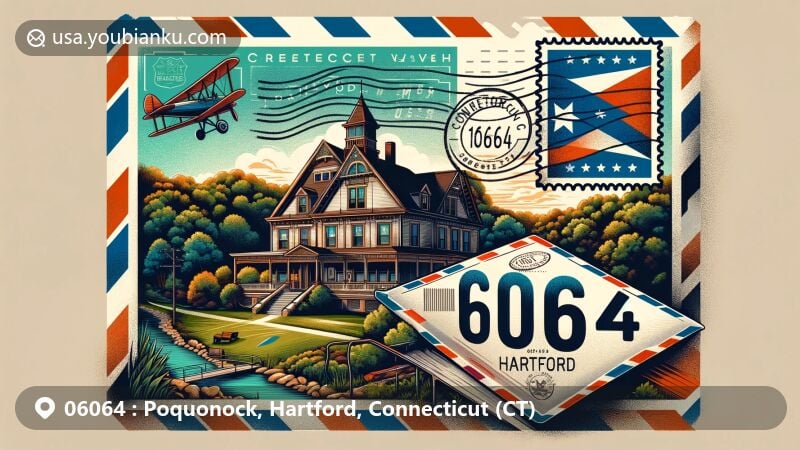 Modern illustration of Poquonock, Hartford, Connecticut, highlighting postal theme with ZIP code 06064, featuring Eli Phelps House and Poquonnock Plains Park.