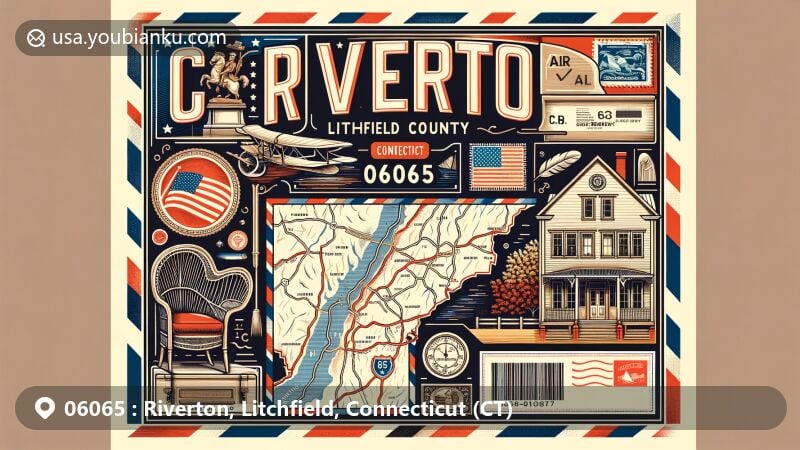 Modern illustration of Riverton, Litchfield County, Connecticut, depicting air mail envelope with Connecticut state flag, detailed map of Litchfield County, Old Riverton Inn, and Hitchcock Chair symbol. Traditional postal elements like stamps, postmark, and American mailbox included.