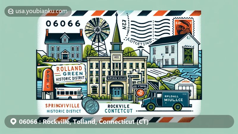 Modern illustration of Rockville, Tolland, Connecticut, capturing postal theme with ZIP code 06066, featuring Tolland Green Historic District, Rockville Historic District, Springville Mill, and Memorial Building.