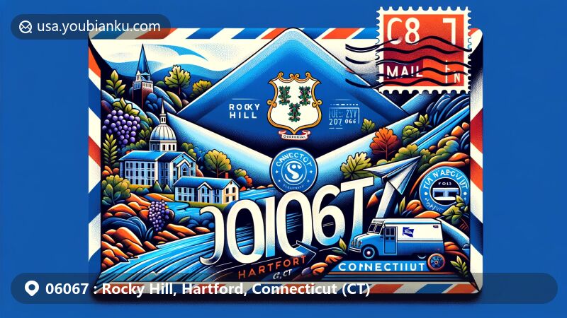 Modern illustration of Rocky Hill, Hartford, Connecticut, showcasing a postal theme with ZIP code 06067, featuring the Connecticut River and state flag design.