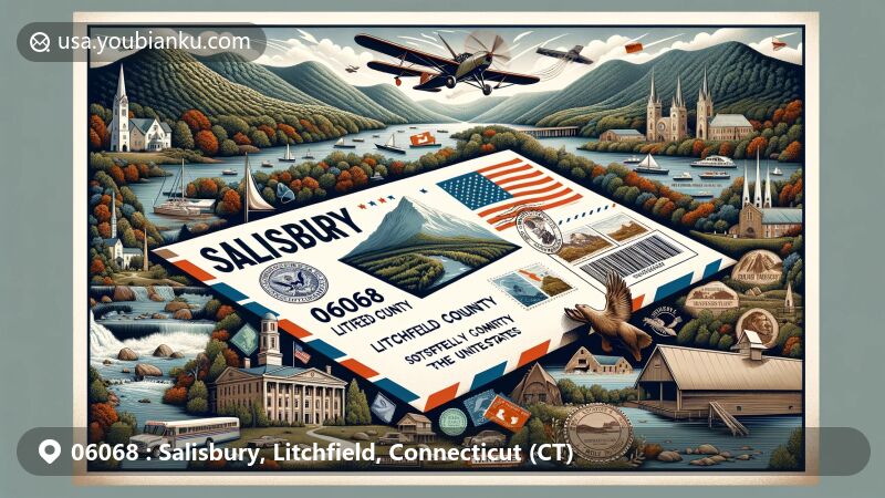 Modern illustration of Salisbury, Litchfield County, Connecticut, showcasing postal theme with ZIP code 06068, featuring Mount Riga State Park, Bear Mountain, Twin Lakes, and Salisbury Civil War Memorial.