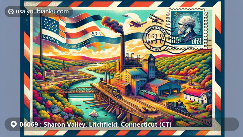 Modern illustration of Sharon Valley, Litchfield County, Connecticut, showcasing historical iron mining and refining operations from the late 19th century, surrounded by natural scenery, landmarks, and cultural attractions.