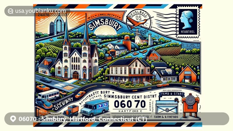 Modern illustration of Simbury, Hartford County, Connecticut, featuring iconic landmarks like Simsbury Center Historic District, Stratton Brook State Park, and Heublein Tower, with postal elements including ZIP code 06070 and mail-related symbols.